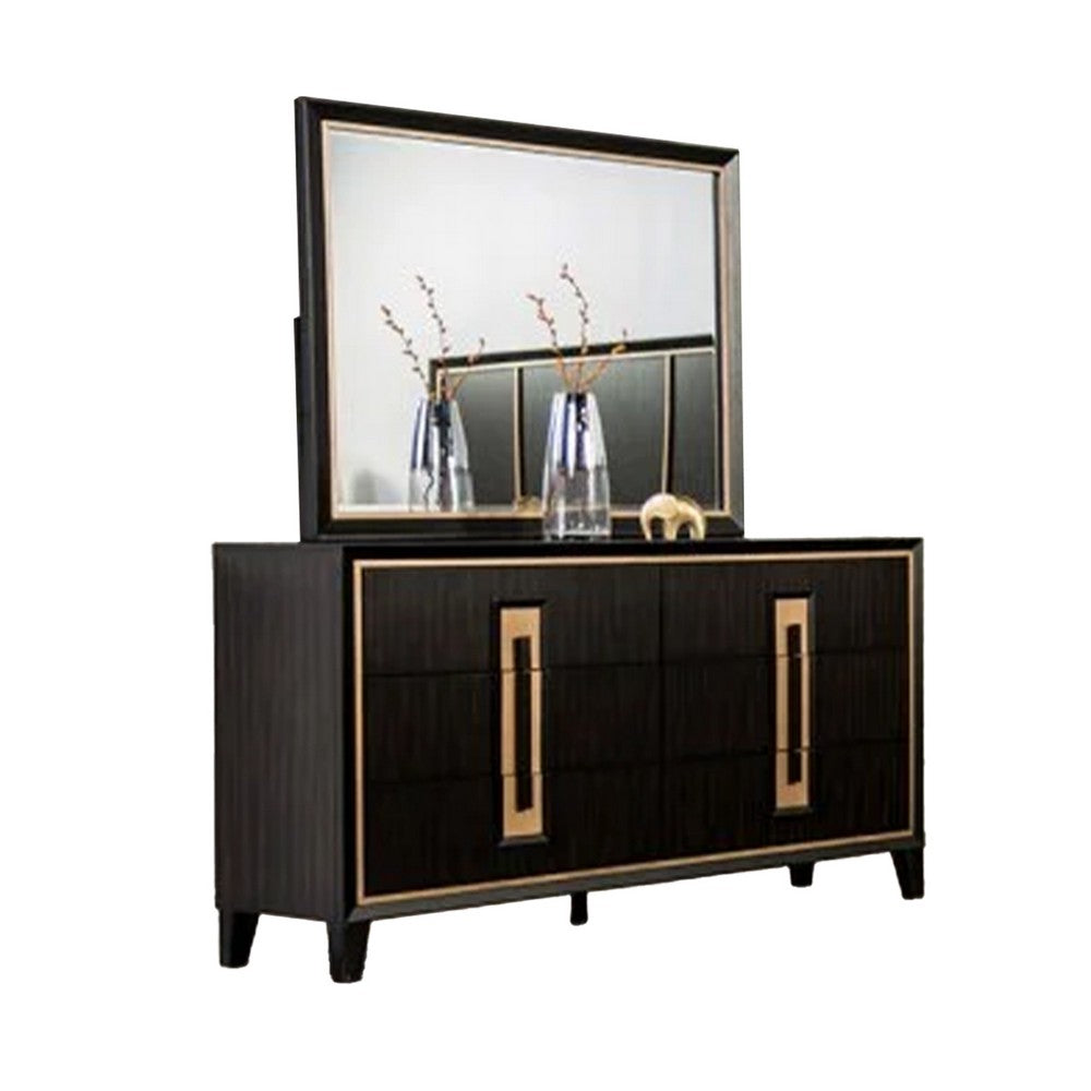 Yada 4pc Queen Bedroom Set w Dresser Mirror | Espresso Brown w Gold Trim