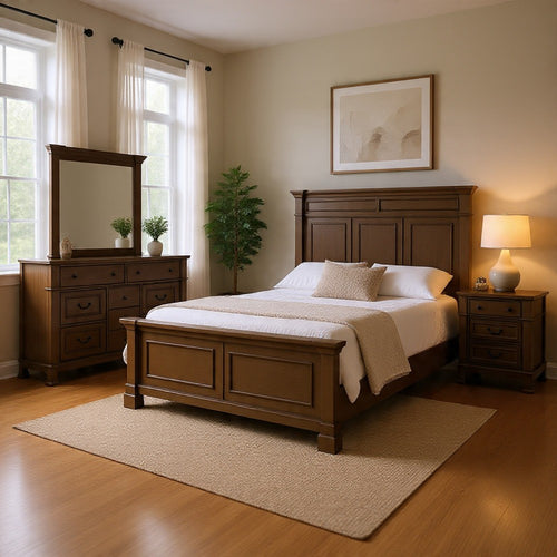 Huder 4pc Queen Bedroom Set | Sculpted Headboard | Dark Walnut Brown