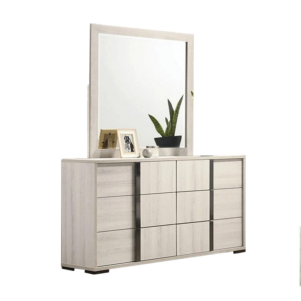 Hyao 4pc Queen Bedroom Set w LED Headboard | Whitewash | Dresser Mirror