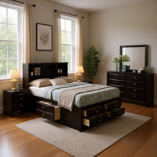 Simo 4pc Queen Bedroom Set w Bookcase Headboard w Drawers | Black