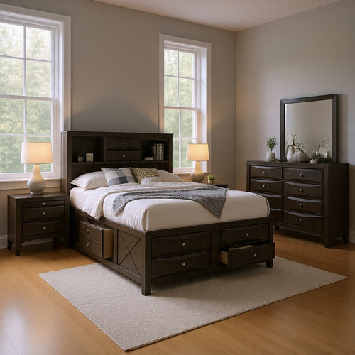 Simo 4pc Queen Bedroom Set w Bookcase Headboard w Drawers | Gray