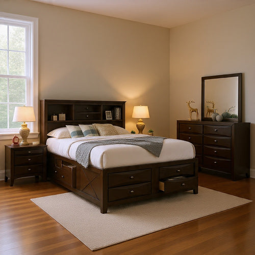 Simo 5pc Queen Bedroom Set w Bookcase Headboard | 2 Nightstands | Gray