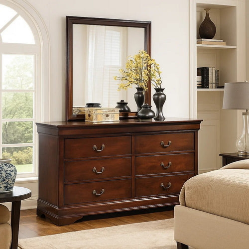 Deyr 2pc Dresser & Mirror Set | 6 Drawers | Louis Philippe Style | Brown
