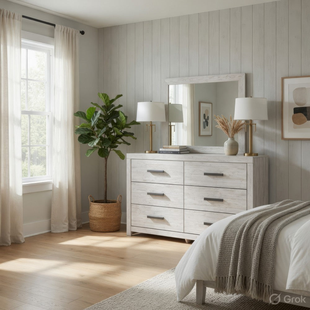 Cany 2pc Dresser & Mirror Set | 6 Drawers | Black Handles | Whitewash