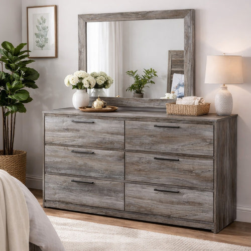 Bays 2pc Dresser & Mirror Set | 6 Drawers | Charcoal Handles | Gray