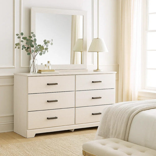 Tely 2pc Dresser & Mirror Set | 6 Drawers w Pewter Handles | White