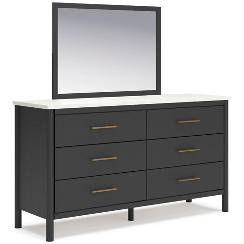 Mooran 2pc Dresser Mirror Set | 6 Drawer | Matte Black | White Faux Marble