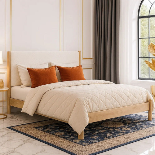 Mooran King Size Bed | White Polyester Upholstery | Light Brown Wood