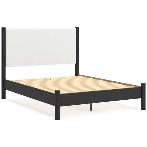 Mooran Queen Size Bed | White Polyester Upholstery | Modern Black Wood