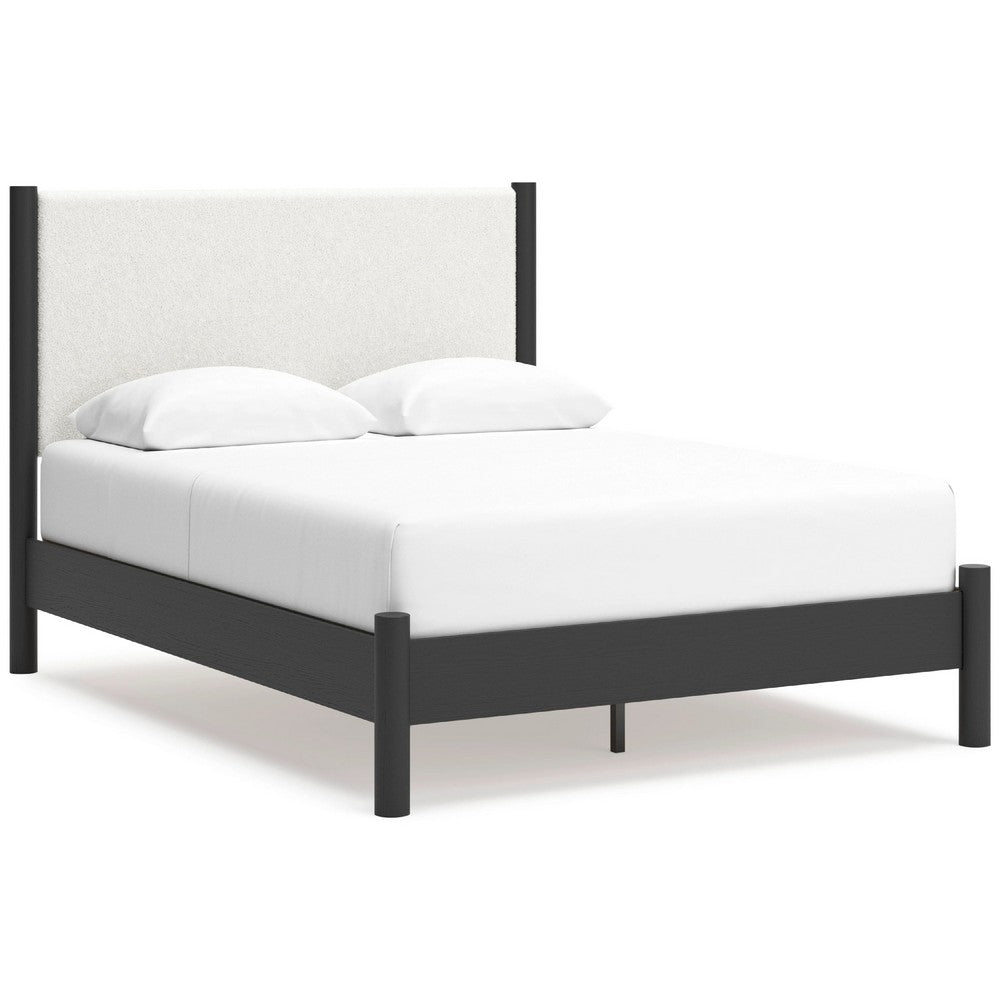 Mooran Queen Size Bed | White Polyester Upholstery | Modern Black Wood