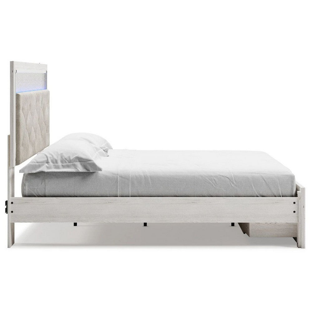 Aly King Size Storage Bed w Gray Button Tufted LED Headboard | White