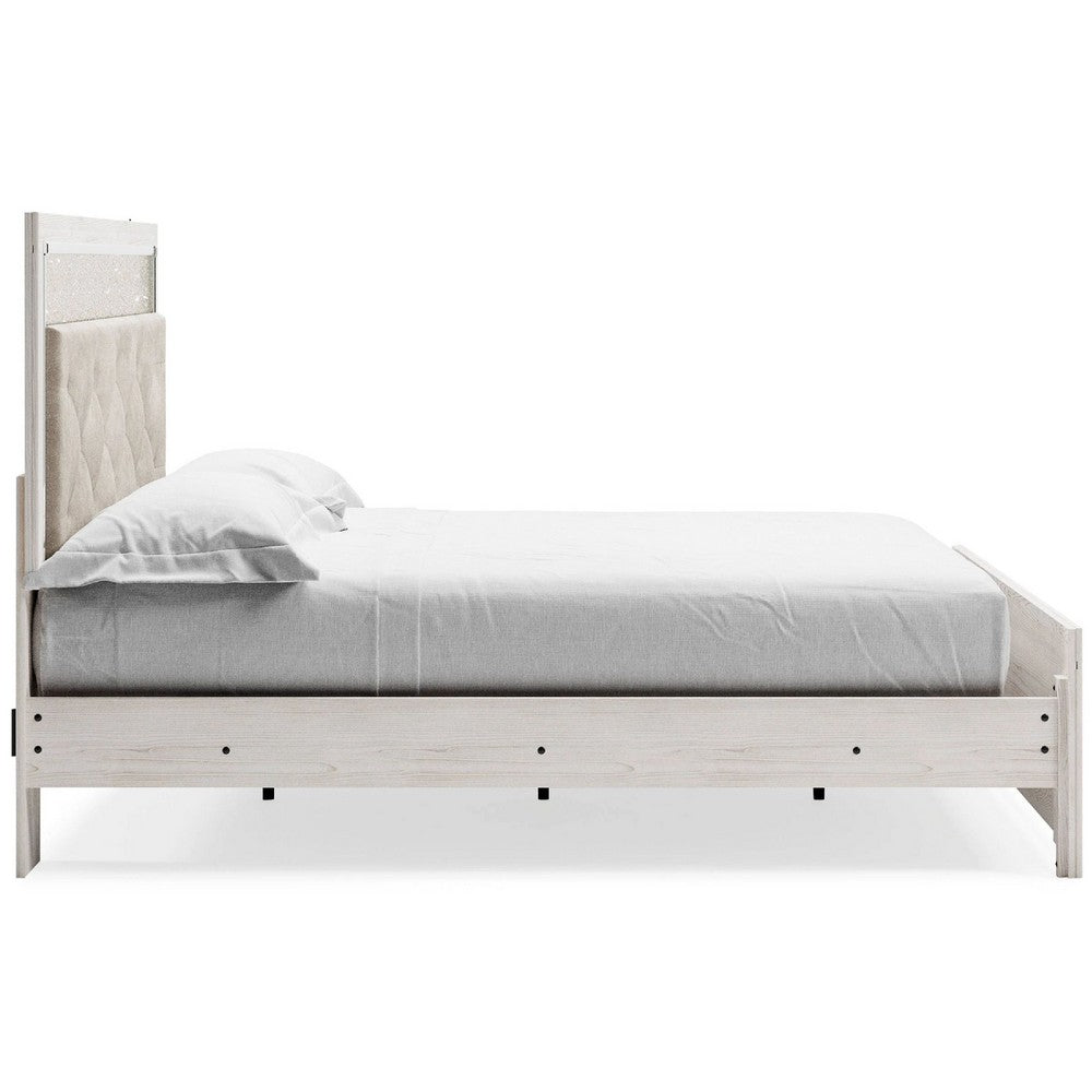 Aly King Size Panel Bed w Gray Button Tufted LED Headboard | White
