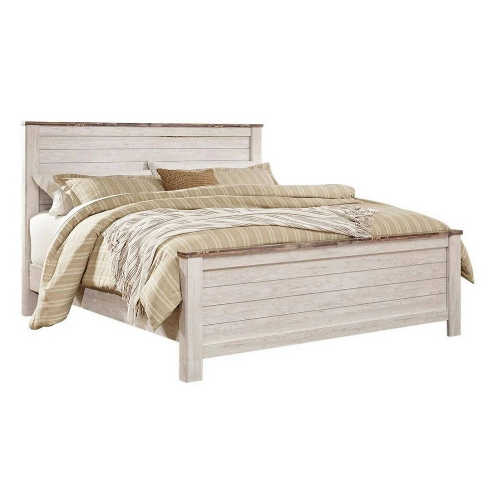 Isla King Panel Bed | Faux Planks Block Pattern | Whitewash & Brown Wood
