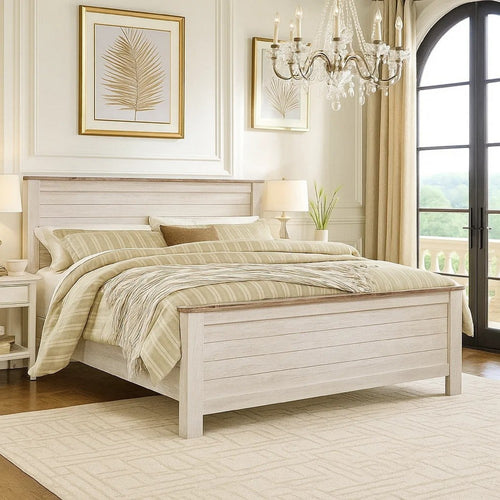 Isla King Panel Bed | Faux Planks Block Pattern | Whitewash & Brown Wood