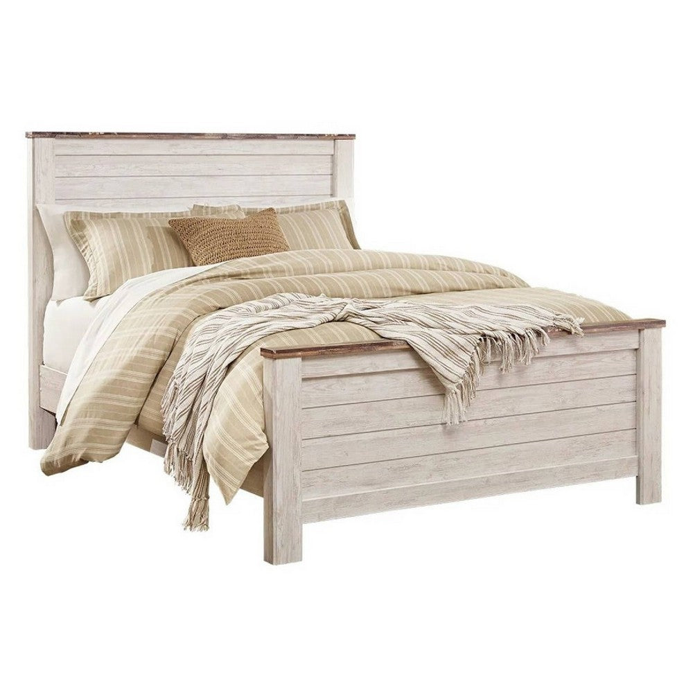 Isla Queen Panel Bed | Faux Planks Block Pattern | Whitewash & Brown Wood