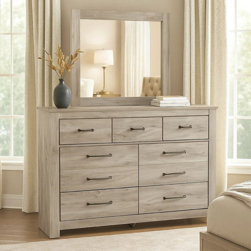 Simon Dresser & Mirror Set | 7 Drawers w Nickel Handles | Whitewash