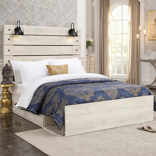Cemy Rustic Queen Panel Bed | 2 Sconce Lights & Drawers | Whitewash