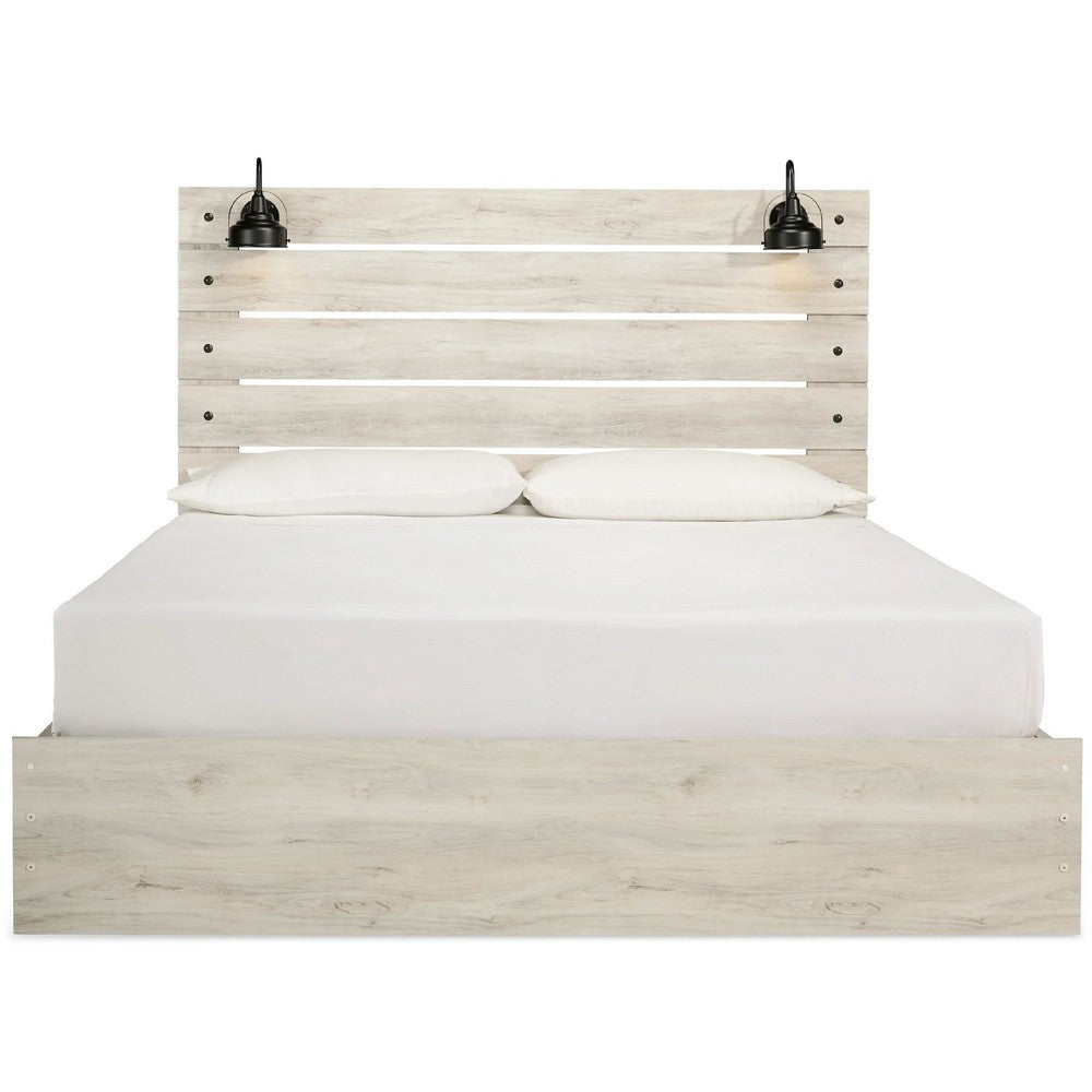 Cemy Rustic King Panel Bed | 2 Sconce Lights & 4 Drawers | Whitewash
