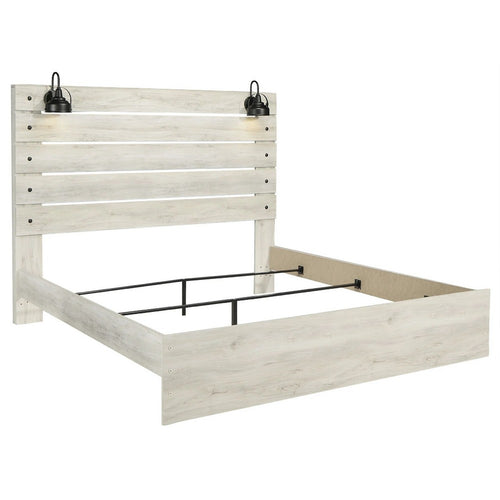 Cemy King Size Bed | Open Slat Headboard w 2 Sconce Lights Whitewash