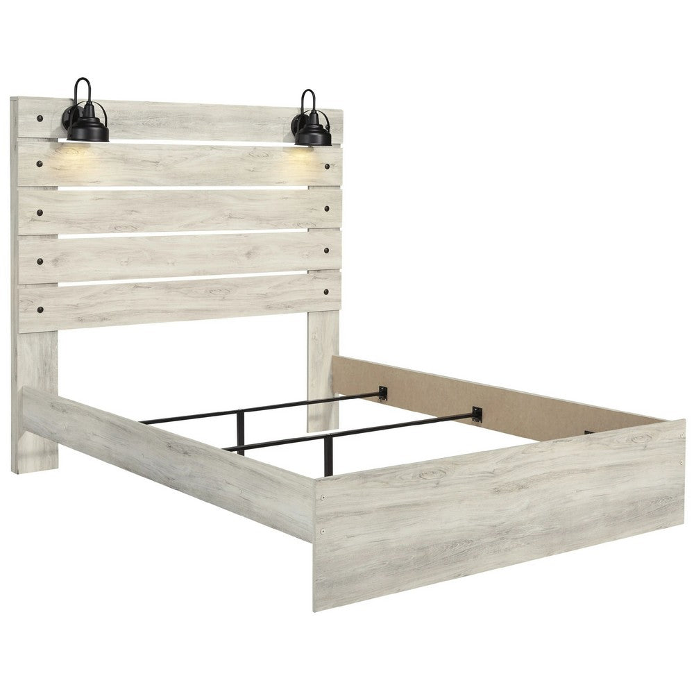 Cemy Queen Size Bed | Open Slat Headboard w 2 Sconce Lights | Whitewash