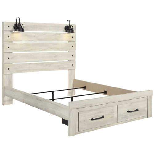 Cemy Queen Size Bed | 2 Footboard Drawers | 2 Sconce Lights | Whitewash