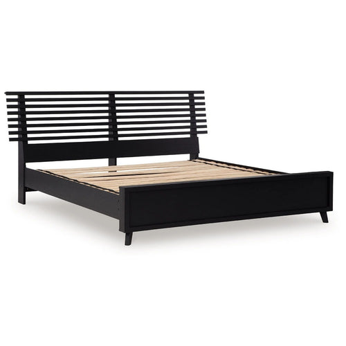Danzi Queen Size Panel Bed w Modern Slatted Headboard | Black Wood