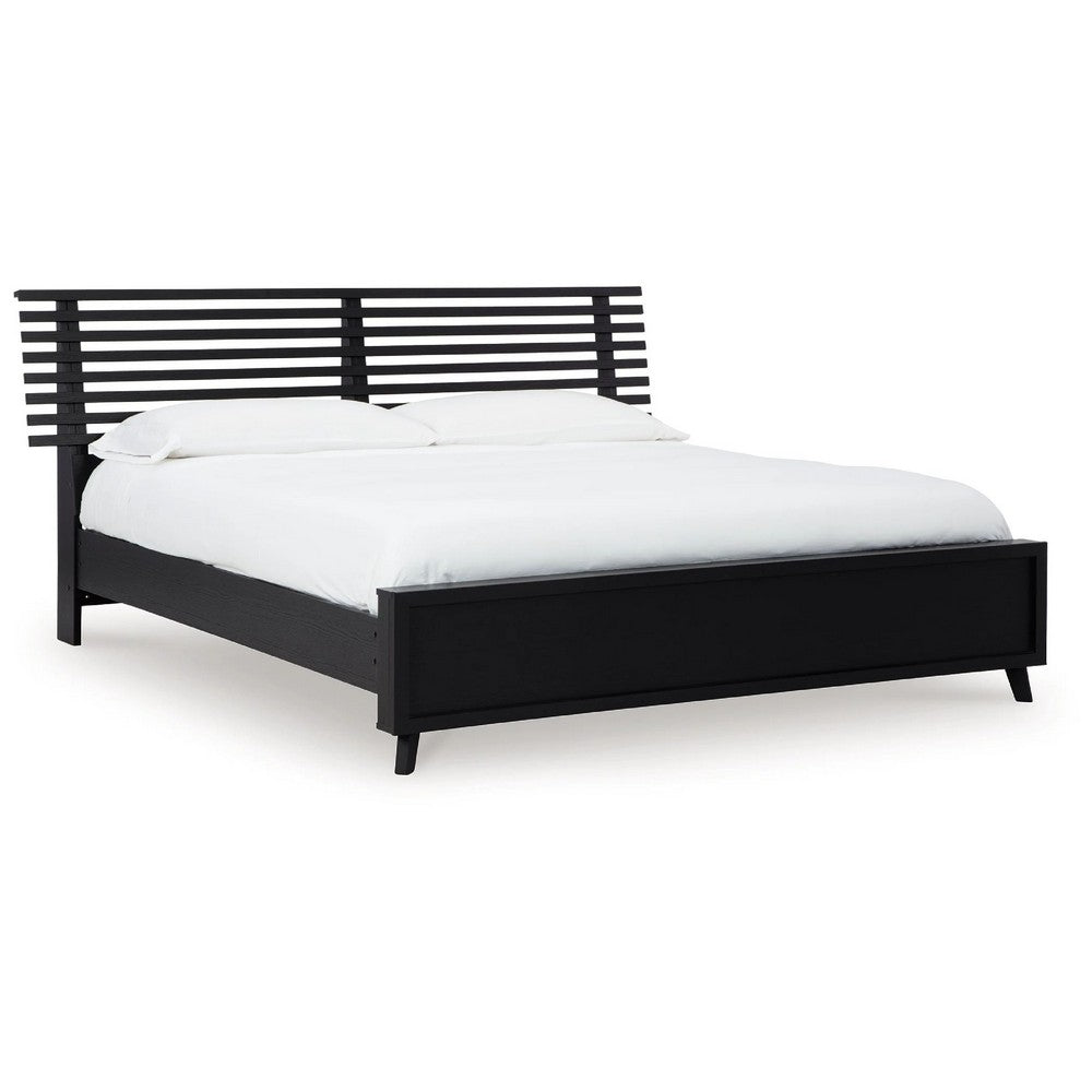 Danzi Queen Size Panel Bed w Modern Slatted Headboard | Black Wood