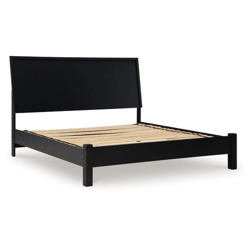 Danzi Queen Size Panel Bed w Clean-Lined Panel Headboard | Black Wood