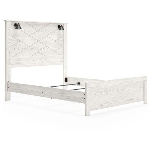 Hara Queen Panel Bed w 2 Sconce Lights | Rustic Light Gray-White Wood