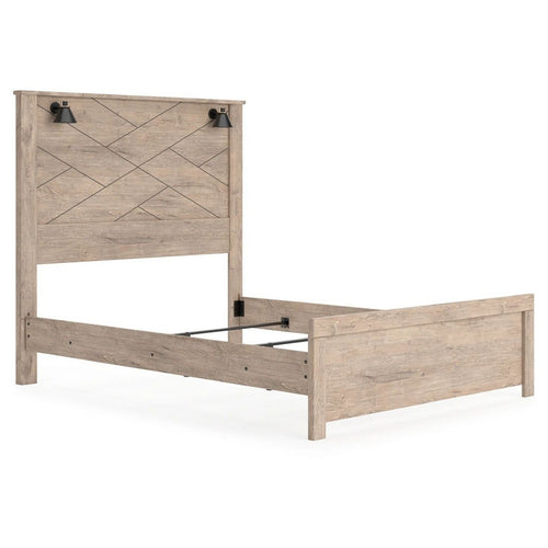 Hara Queen Panel Bed w 2 Sconce Lights | Rustic Light Brown-White Wood