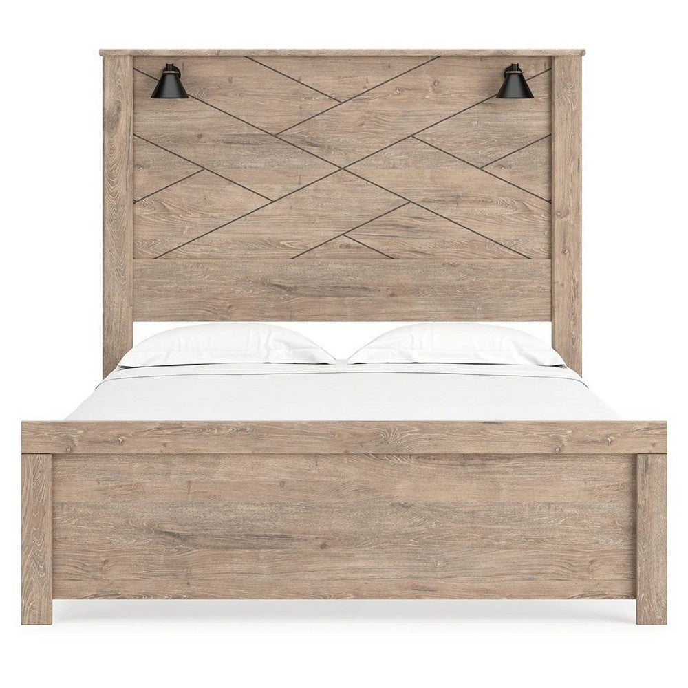 Hara Queen Panel Bed w 2 Sconce Lights | Rustic Light Brown-White Wood