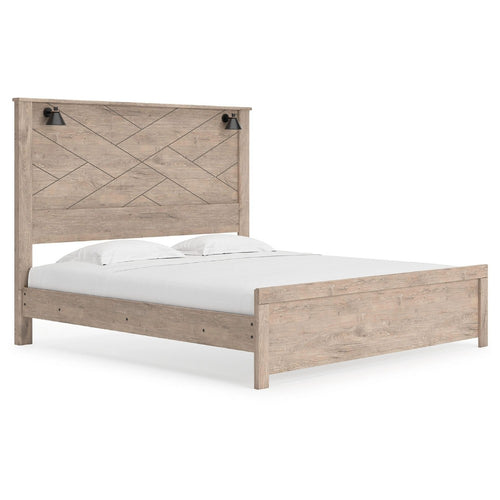 Hara King Panel Bed w 2 Sconce Lights | Rustic Light Brown-White Wood