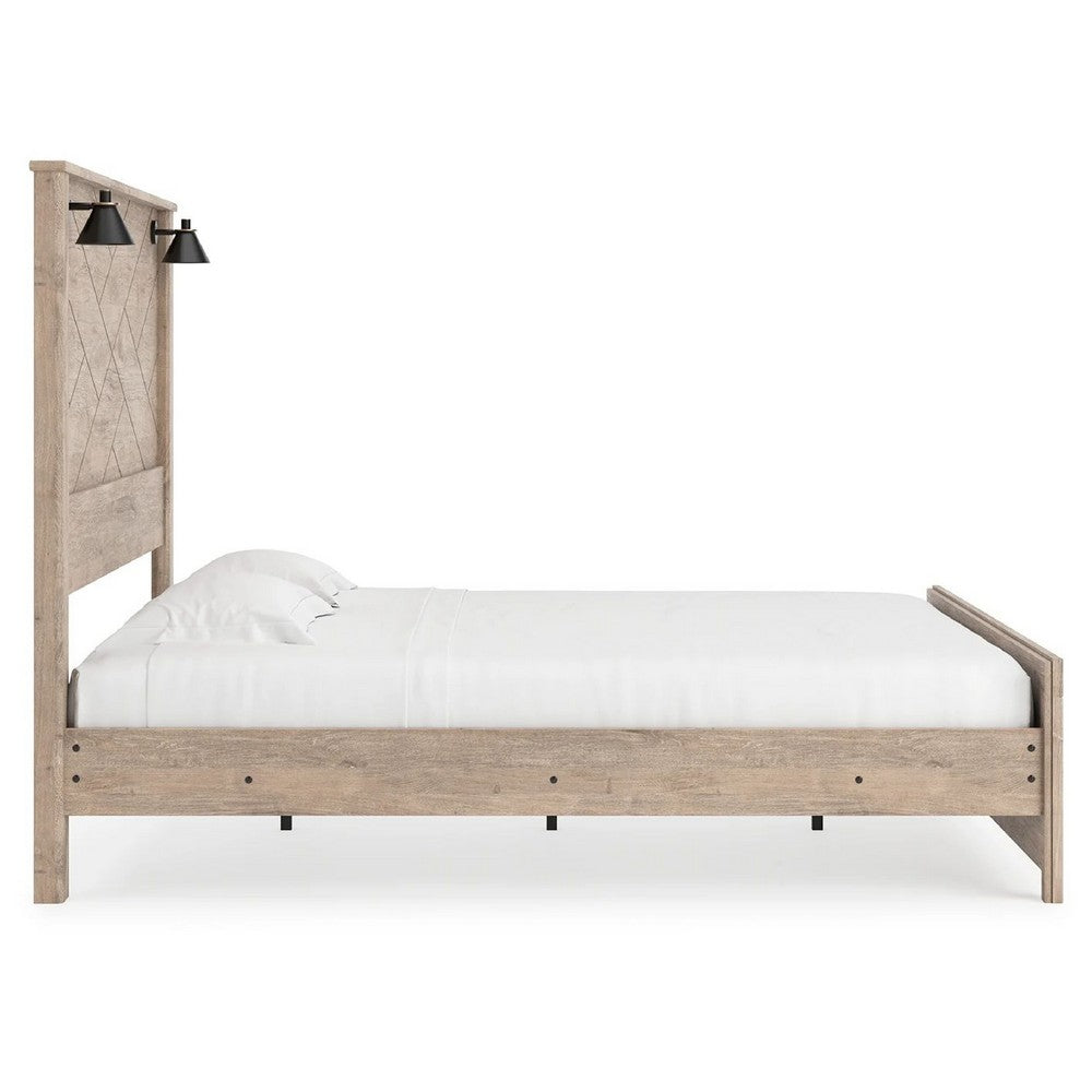 Hara King Panel Bed w 2 Sconce Lights | Rustic Light Brown-White Wood