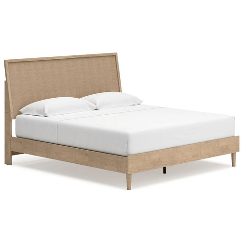 Ciel King Panel Bed w Cane Style Headboard | Brown & Beige Wood