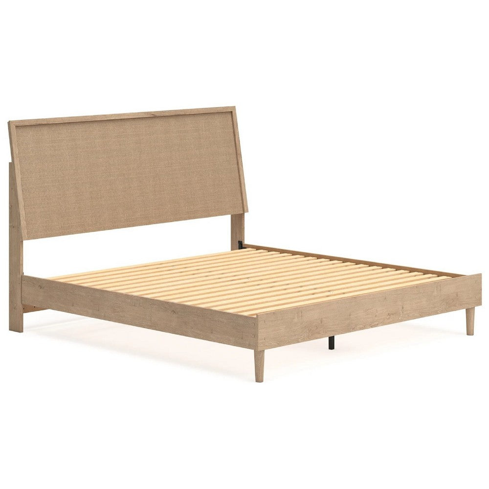 Ciel King Panel Bed w Cane Style Headboard | Brown & Beige Wood