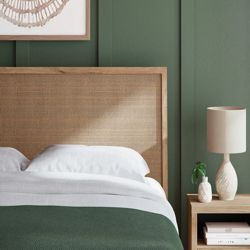Ciel King Panel Bed w Cane Style Headboard | Brown & Beige Wood