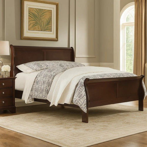 Deyr Queen Size Sleigh Bed | Louis Philippe Moulding | Warm Brown