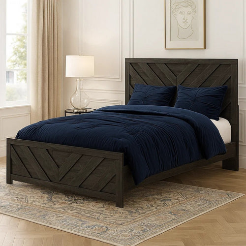 Peny Queen Size Bed | Chevron Pattern | Panel Headboard | Charcoal Black