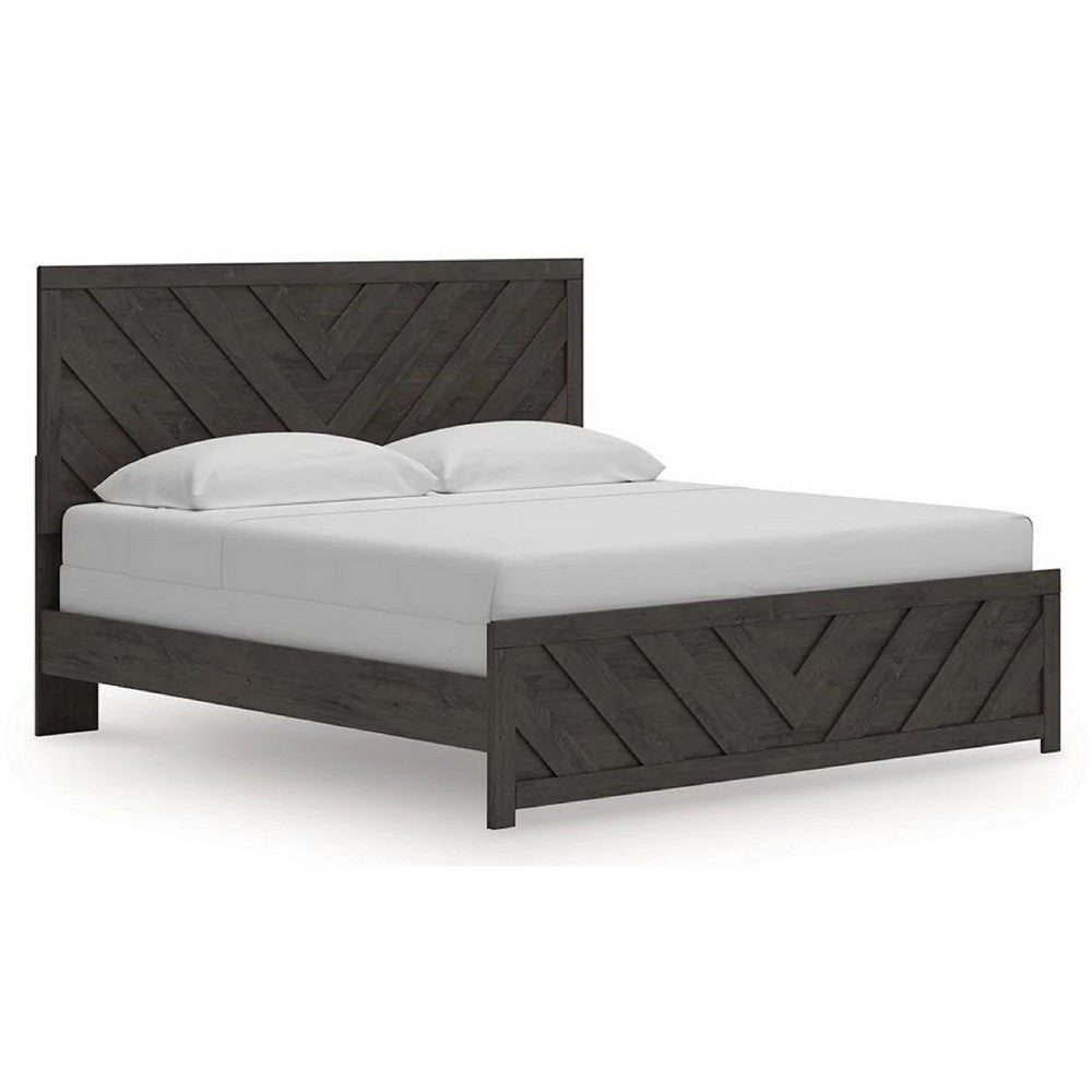 Peny King Size Bed | Chevron Pattern | Panel Headboard | Charcoal Black