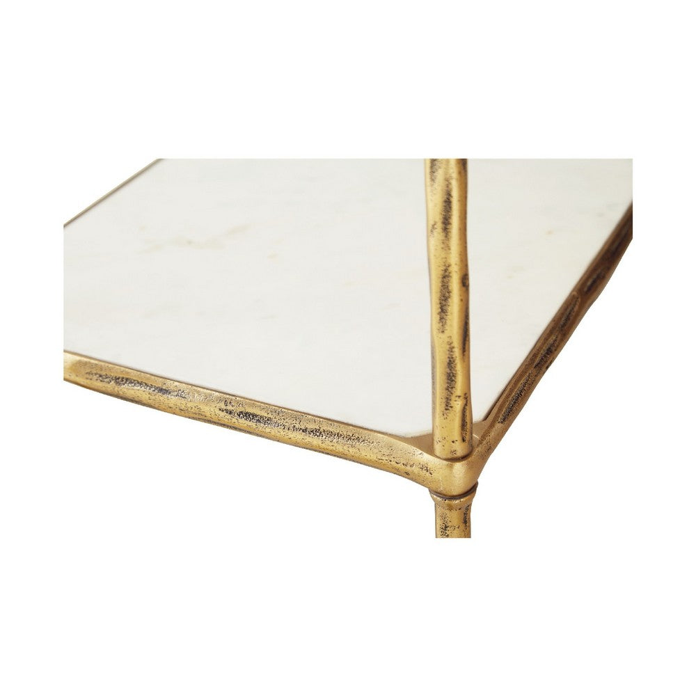 Oery Bar Cart | 2 Tier Glass Top & White Marble Lower Shelf | Brass