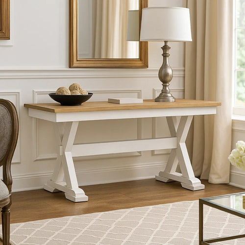 Pury Dining Bench | 48" Light Brown Plank Seat | Antique White Base