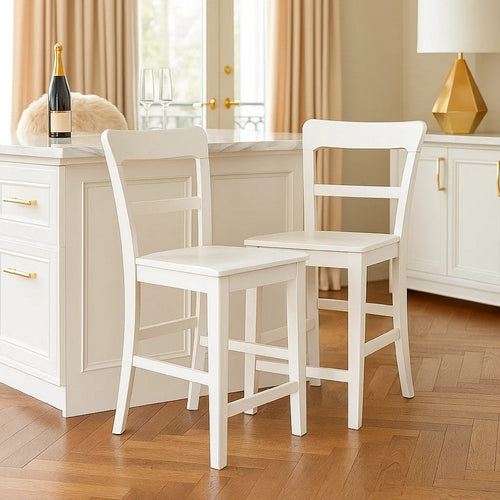 Gela Counter Stool Chair Set of 2 | Stylized Ladder Back | Plank Seat | White