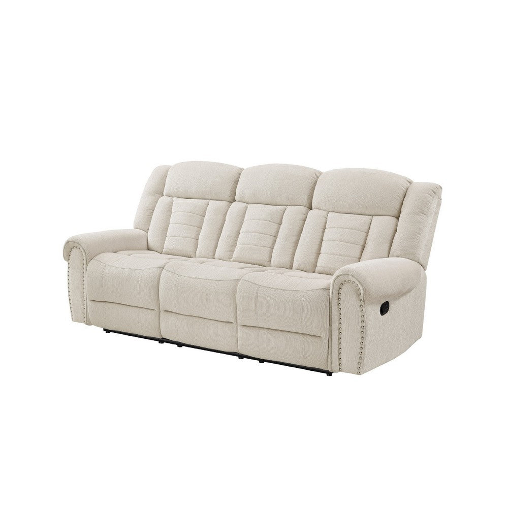 Reo Double Manual Reclining Sofa w Nailhead Trim | Beige Chenille