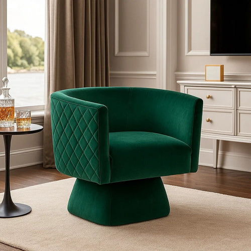 Cabe Swivel Accent Armchair | Diamond Stitch Back | Emerald Green Velvet