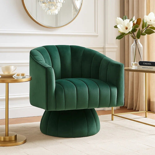 Rex Swivel Accent Chair | Barrel Channel Stitched Velvet | Green