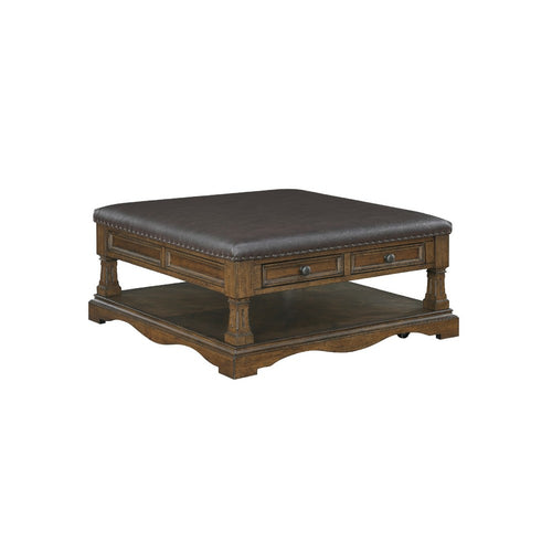 Rox Coffee Table | 39" Brown Faux Leather Top | 4 Drawers & Shelf