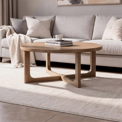 Bly Coffee Table | 42" Round Top | Open X-Base Design | Light Brown