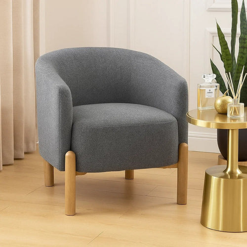 Diya Barrel Style Accent Chair | Gray Polyester | Light Brown Wood Legs