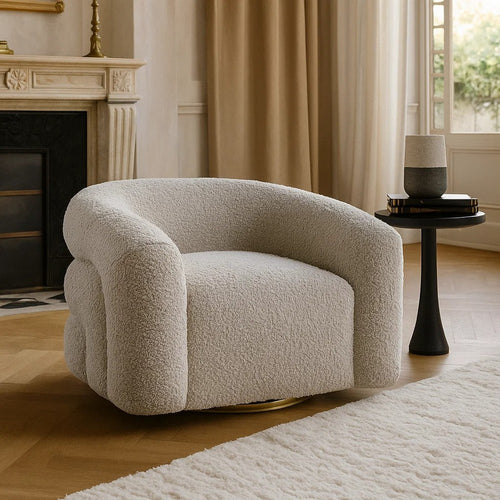 Dera Swivel Accent Chair | Sculpted Barrel Back | Foam Fill | Gray Boucle