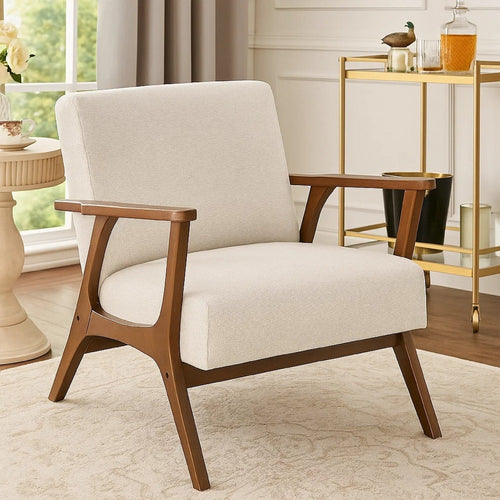 Ary Armchair, Beige Chenille Cushion, Chestnut Brown Solid Rubberwood